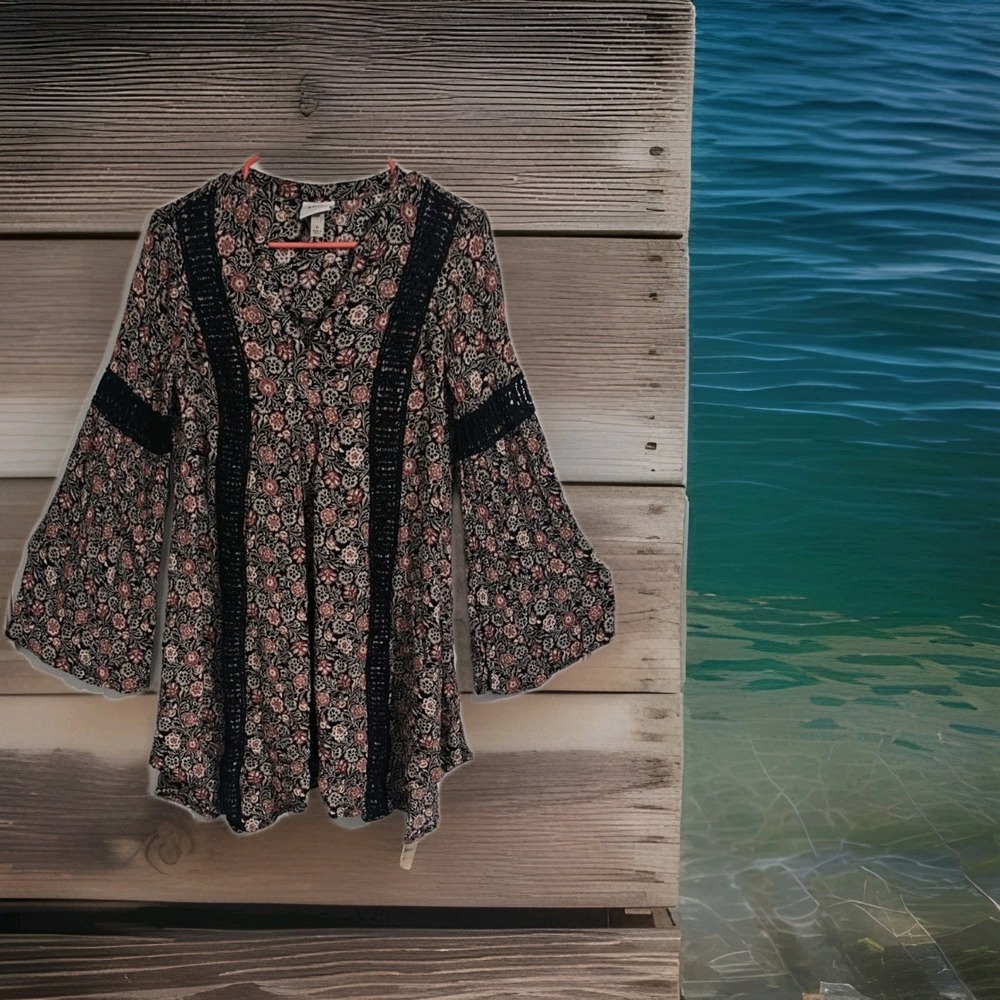 Knox Rose Swing Dress Womens M Lagenlook Bohemian‎ Cottagecore Floral Crotchet - Picture 2 of 11